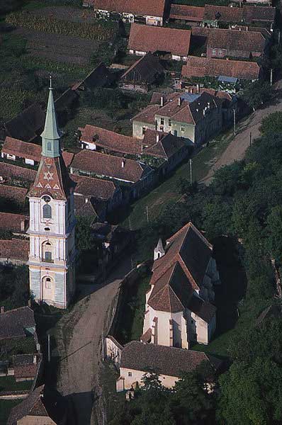 aerial view of the church in daia, romania